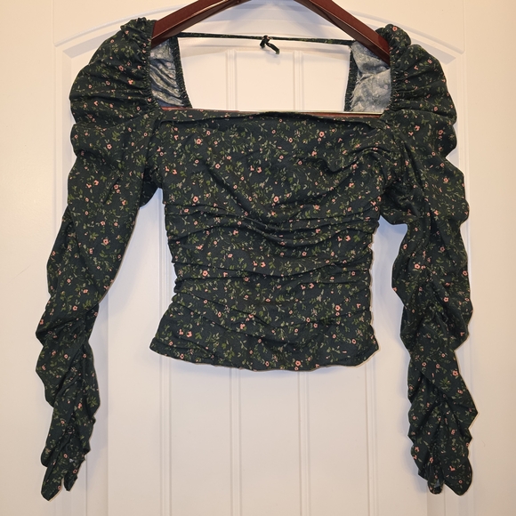 Reformation "Joi" Size 0 Green Floral Ruched Puff Sleeve Top Organic Cotton - Picture 5 of 16
